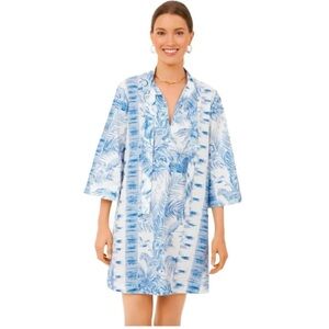 Tuckernuck Safari Toile Blue White Flare Sleeve Dress Size Small